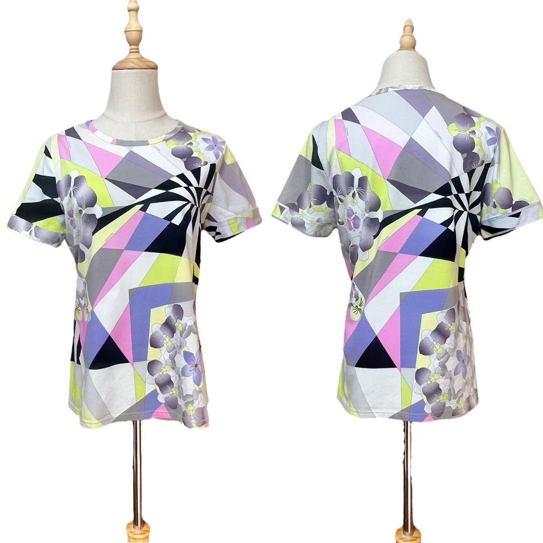 【レオナールスポーツ】コットンクルーネックTシャツ☆花柄モザイク☆カラフル☆XL