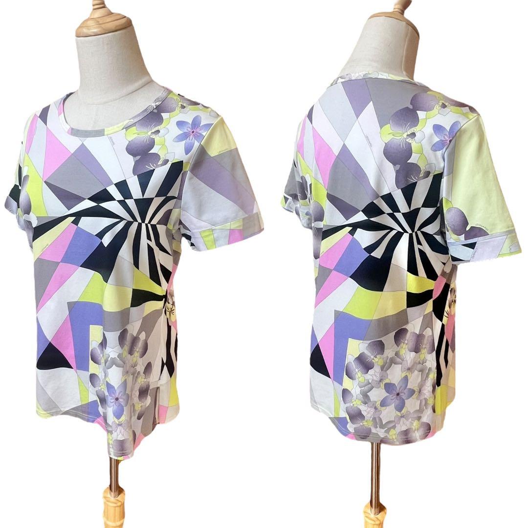 【レオナールスポーツ】コットンクルーネックTシャツ☆花柄モザイク☆カラフル☆XL