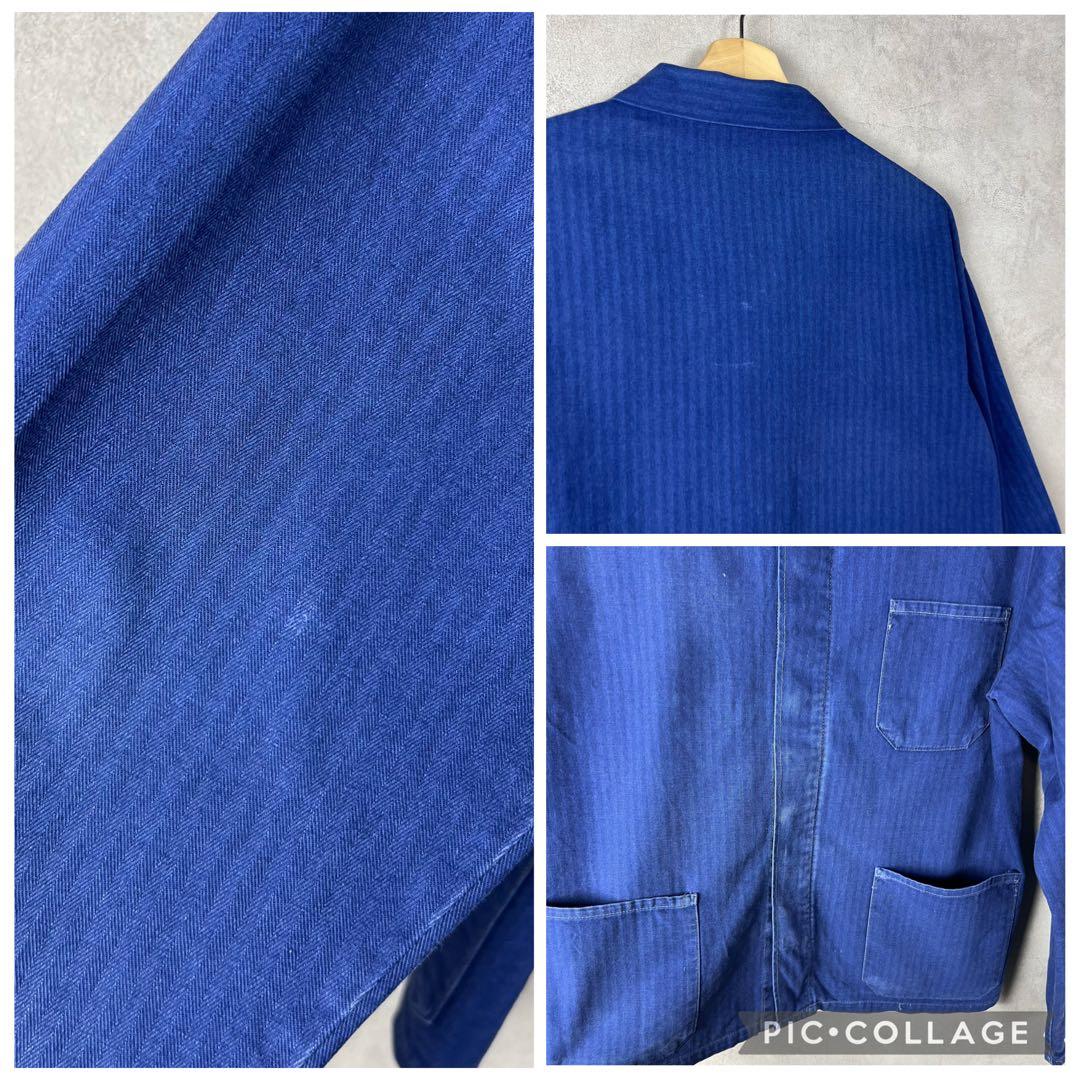 ユーロ古着 紺色 ヘリンボーン ワークジャケット カバーオール vintage