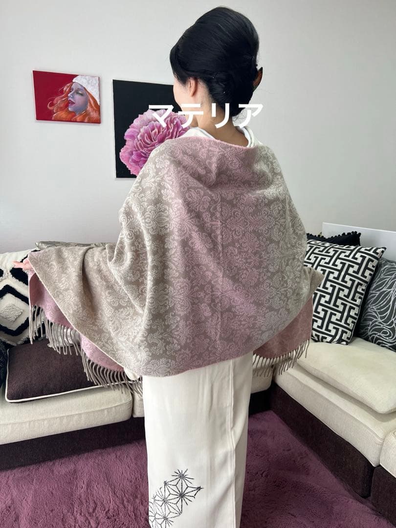 大判ショール グレベージュ×ピンク