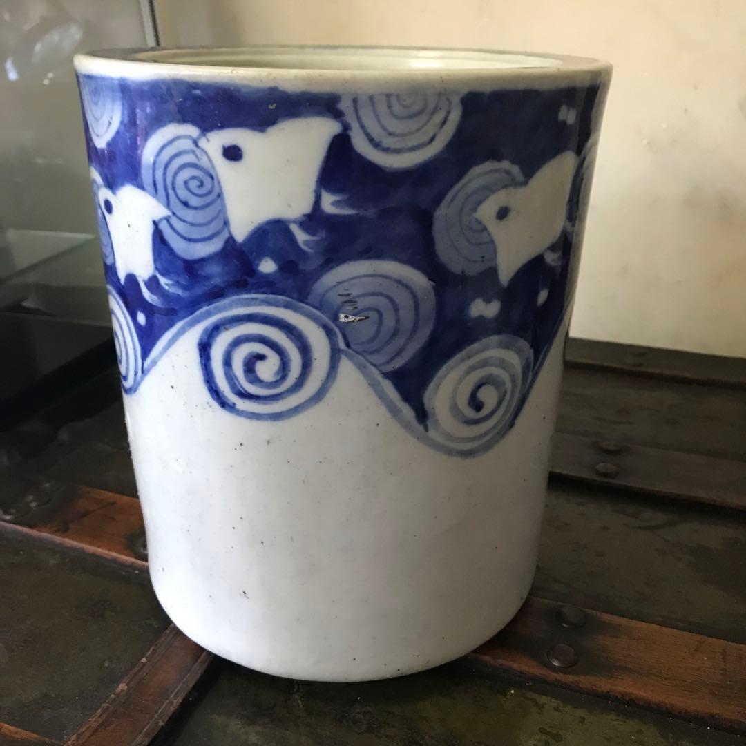 美品　陶器　年代物　鉢　火鉢　手炙り　古道具　染付の絵柄が可愛い　鉢カバーにも