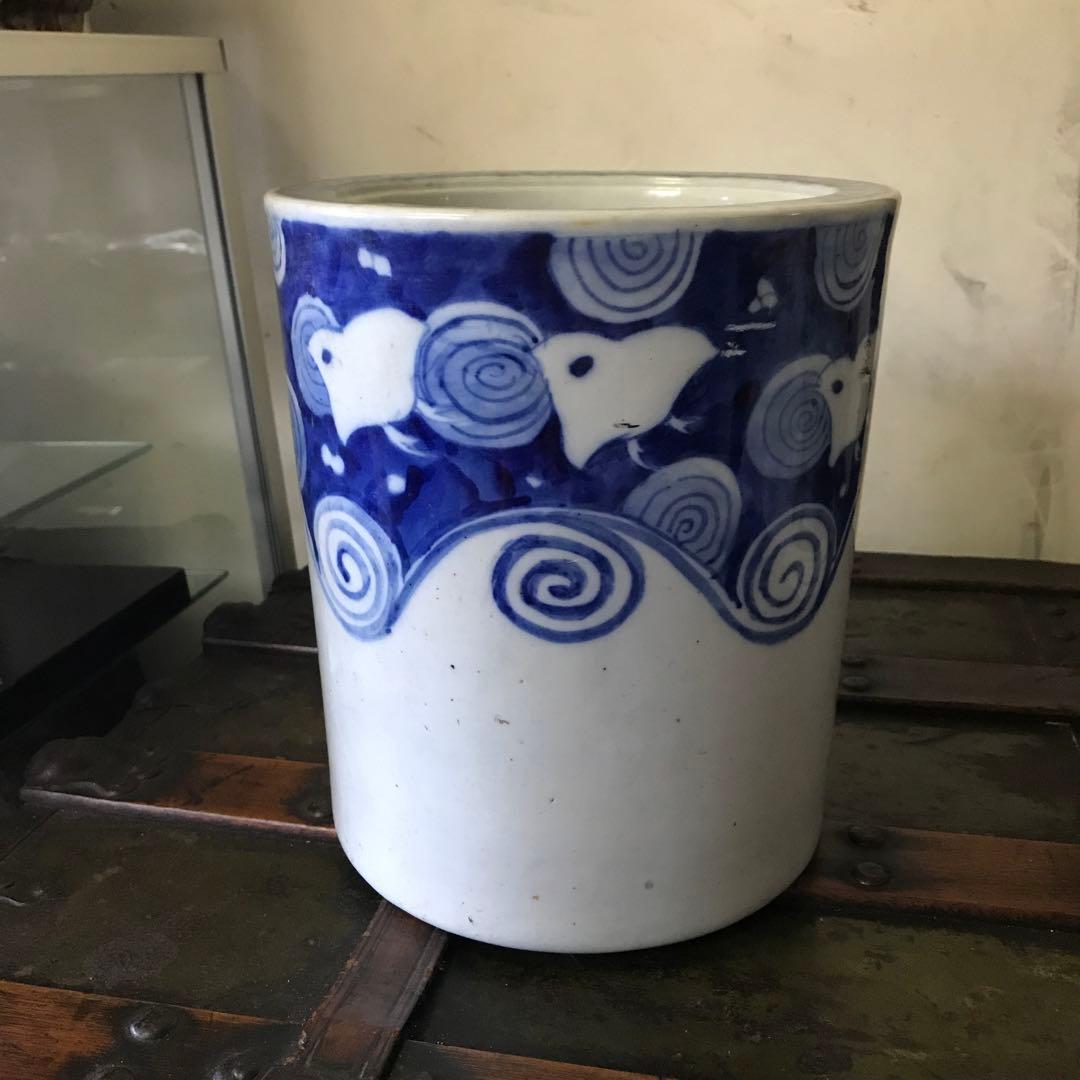 美品　陶器　年代物　鉢　火鉢　手炙り　古道具　染付の絵柄が可愛い　鉢カバーにも