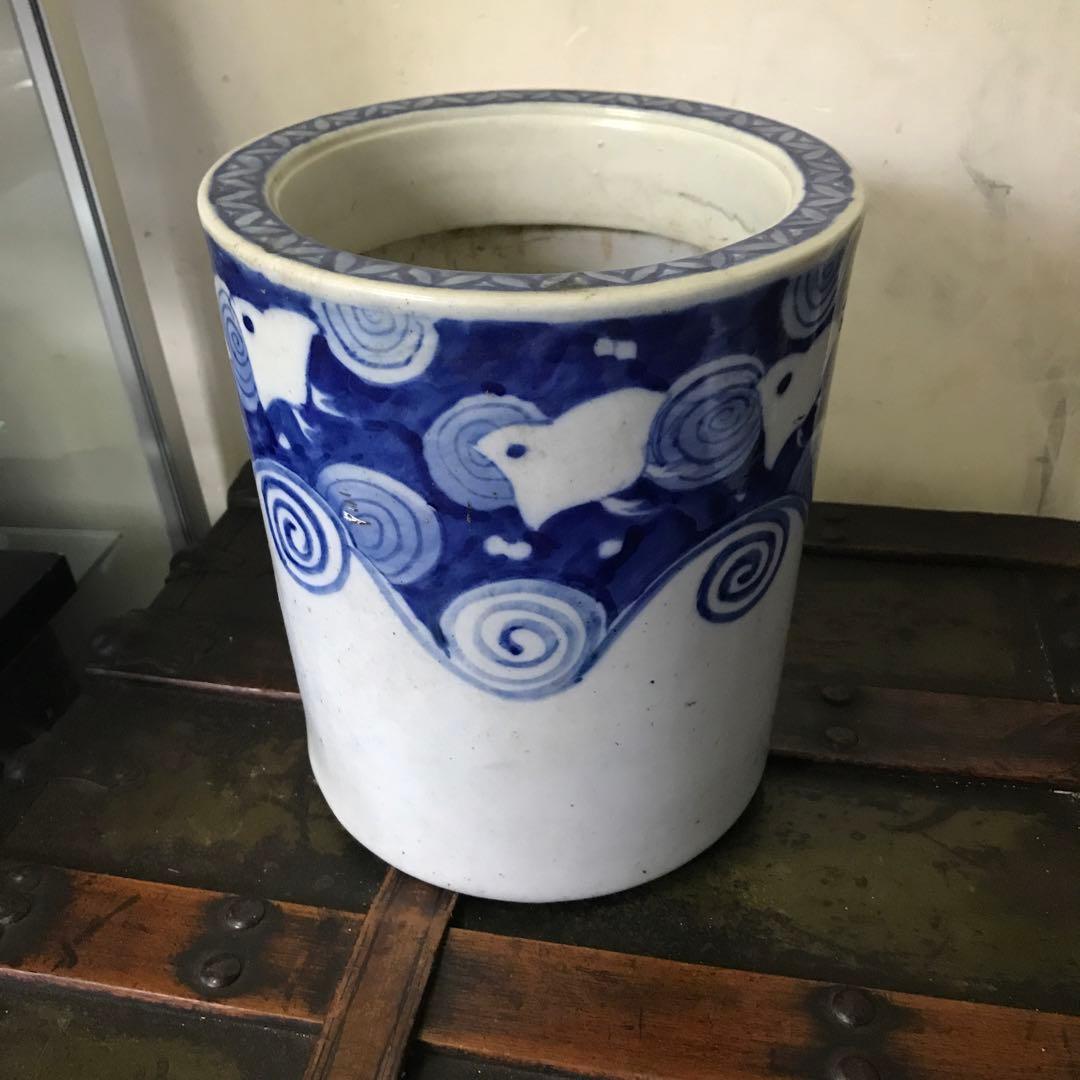 美品　陶器　年代物　鉢　火鉢　手炙り　古道具　染付の絵柄が可愛い　鉢カバーにも