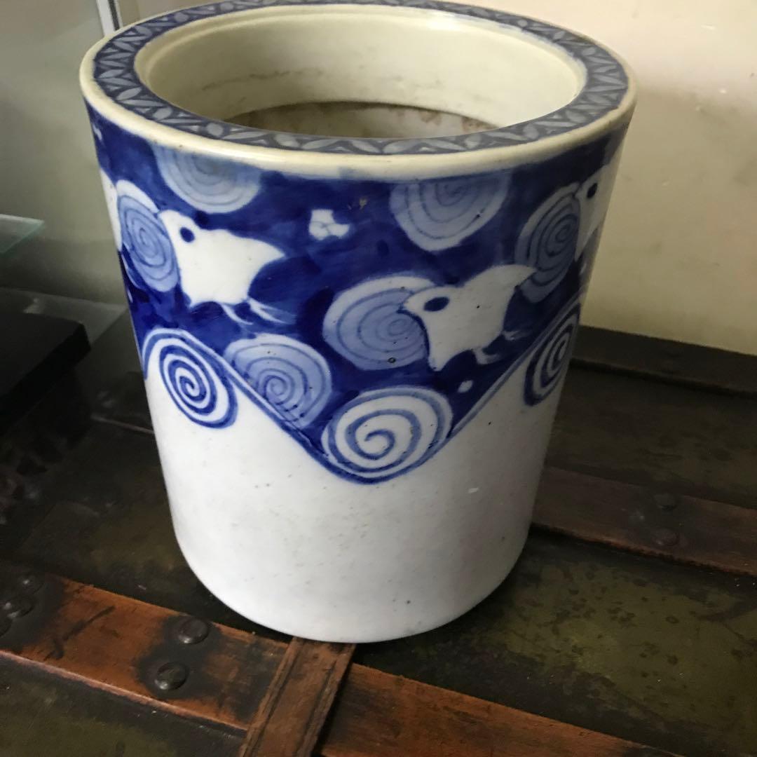 美品　陶器　年代物　鉢　火鉢　手炙り　古道具　染付の絵柄が可愛い　鉢カバーにも