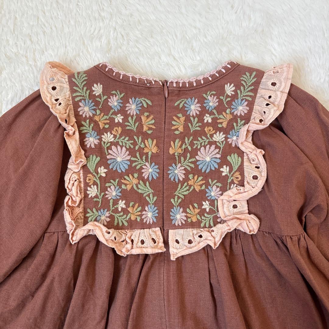 アポリナ　長袖　ワンピース　刺繍　2-3y 90 95 100 ブラウン　茶