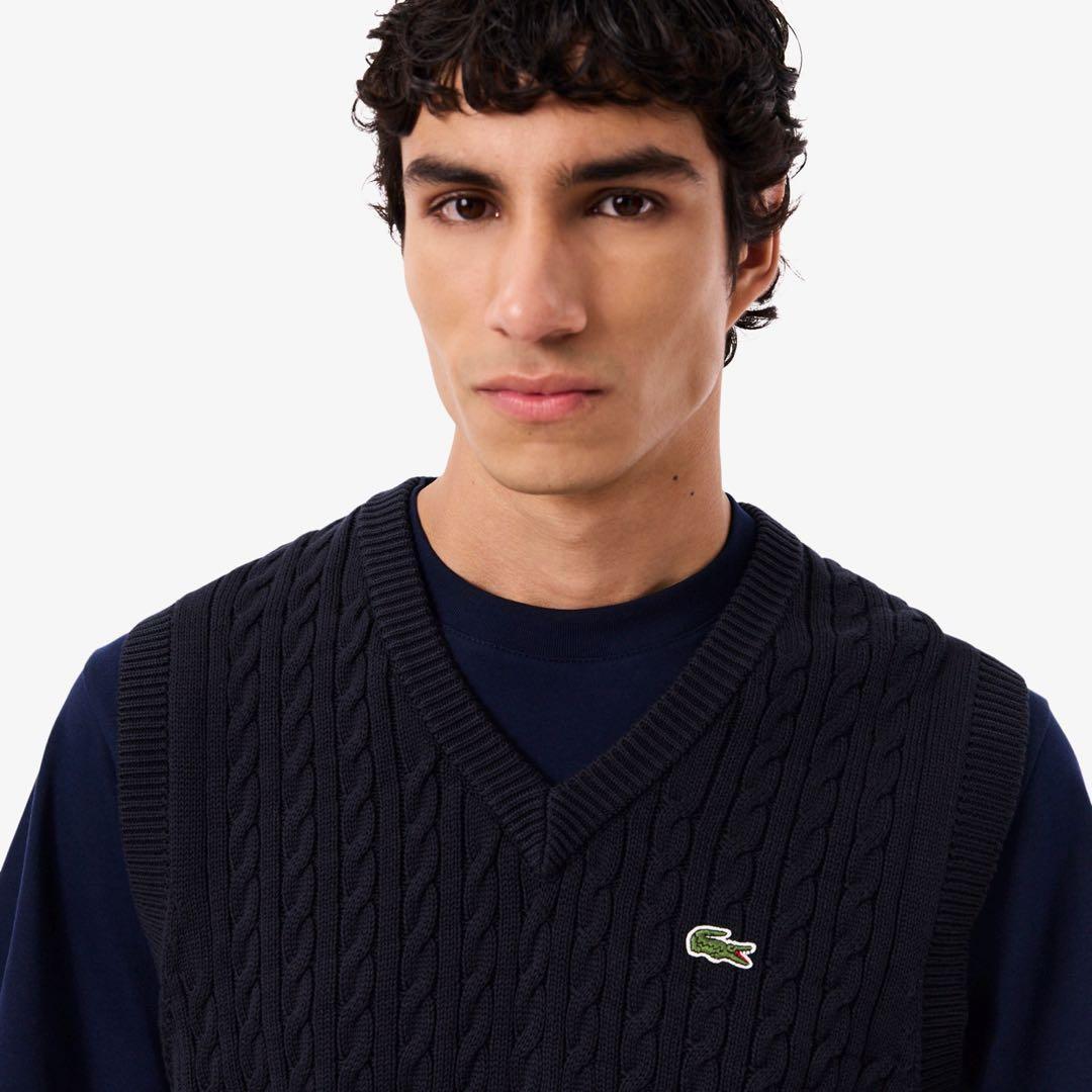 美品 XL ラコステ ケーブルニット Vネック ベスト LACOSTE ネイビー