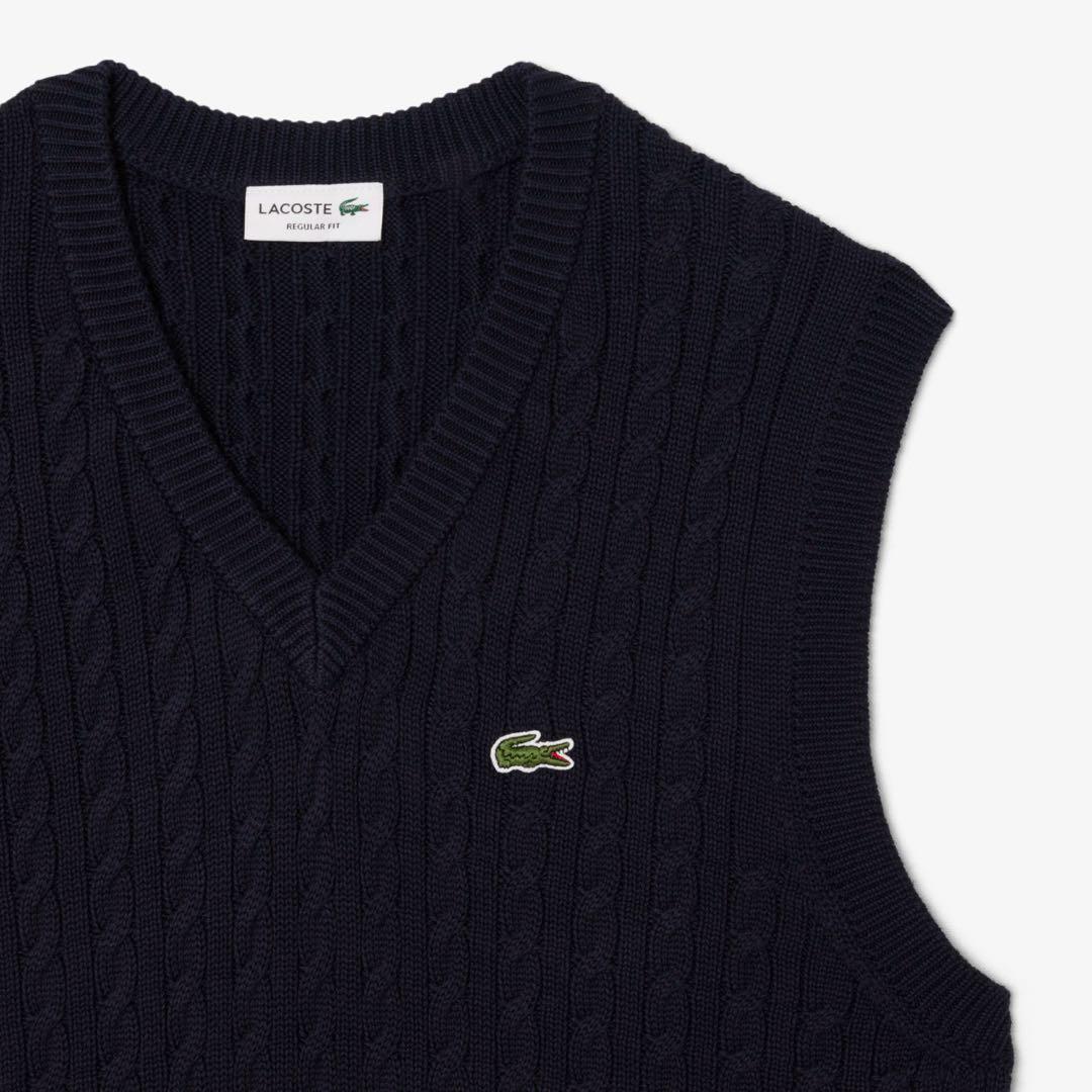 美品 XL ラコステ ケーブルニット Vネック ベスト LACOSTE ネイビー