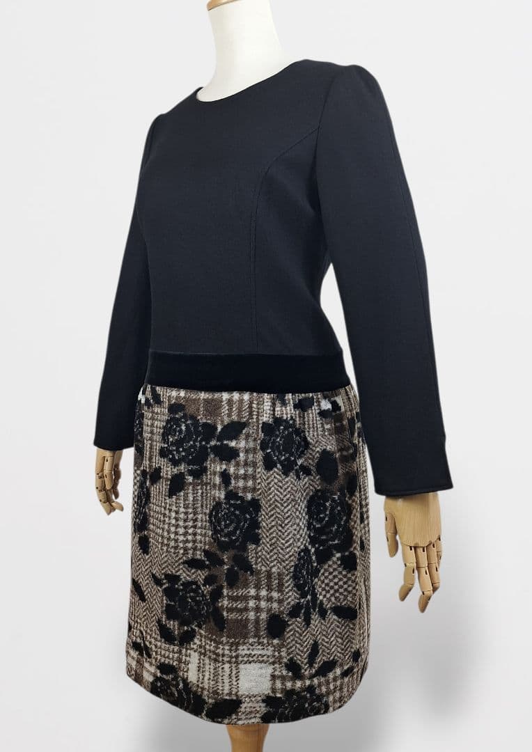 美品 M's gracy ベロア切り替えウールワンピース