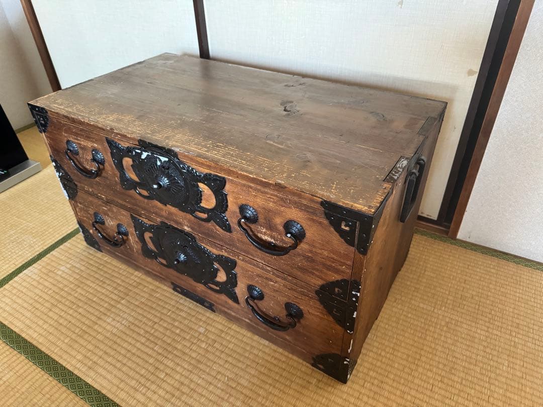 送料無料)和風木製チェスト 2段引き出し