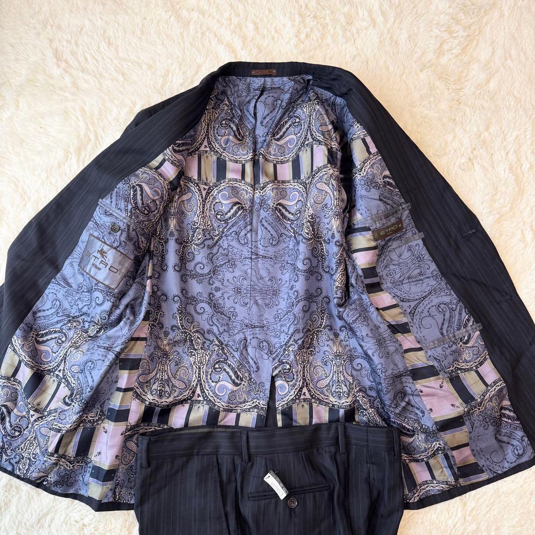 未使用　ETRO ストライプ柄セットスーツ 裏地ペイズリー シルク ネイビー