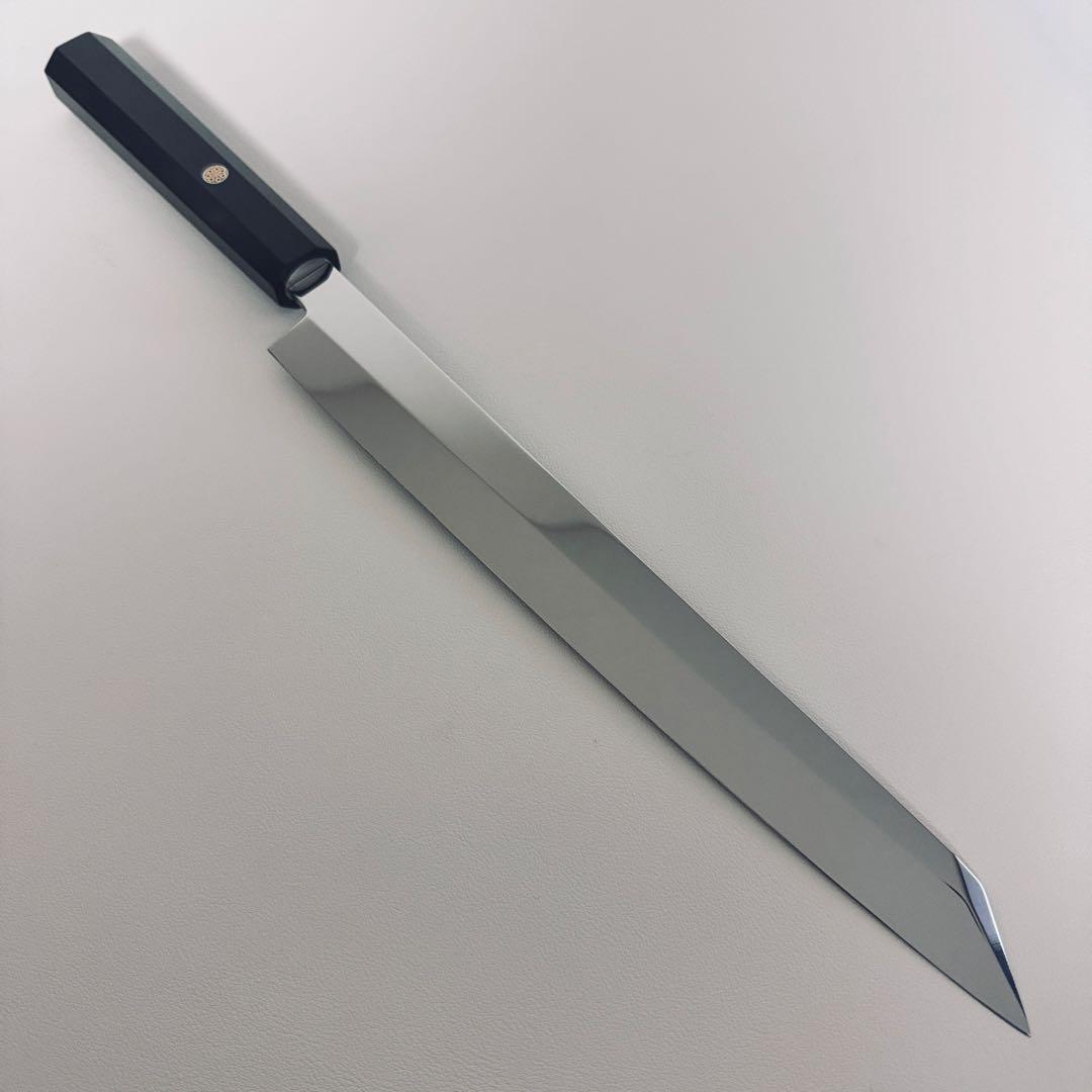 270mm 切付柳刃包丁 鏡面　黒檀八角柄 刺身包丁 全鋼　和包丁【鞘付き】。