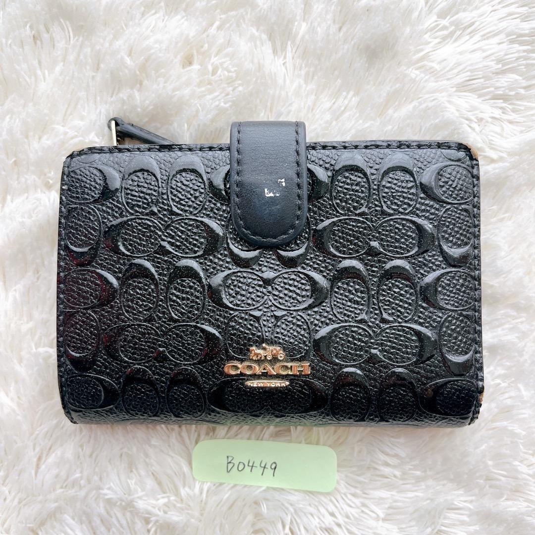COACH コーチ 二つ折り財布 シグネチャー エナメル ブラック レザー