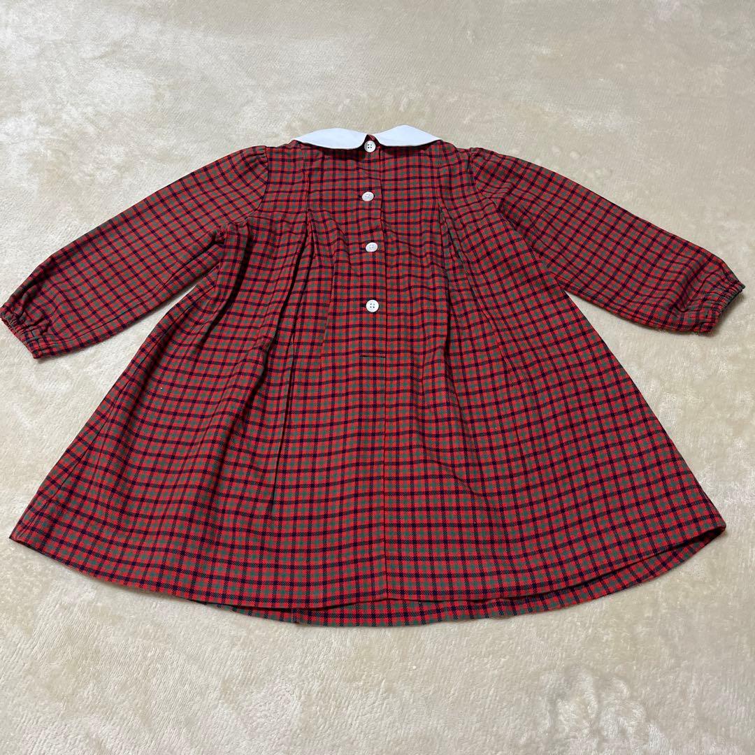 【美品】ファミリア　赤チェック柄長袖ワンピース　90