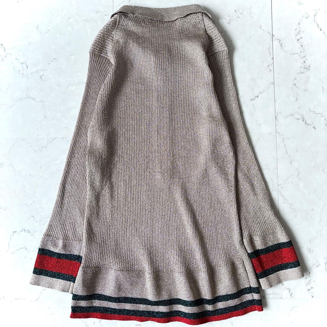 美品 ティッカ ラメ ライン入り 5分袖リブ編み ポロニット ブロンズTICCA