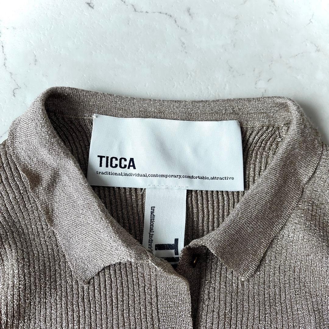 美品 ティッカ ラメ ライン入り 5分袖リブ編み ポロニット ブロンズTICCA