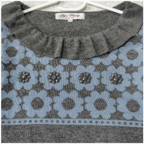 美品 スーパービューティー 花柄 長袖 ニットワンピース グレー ブルー