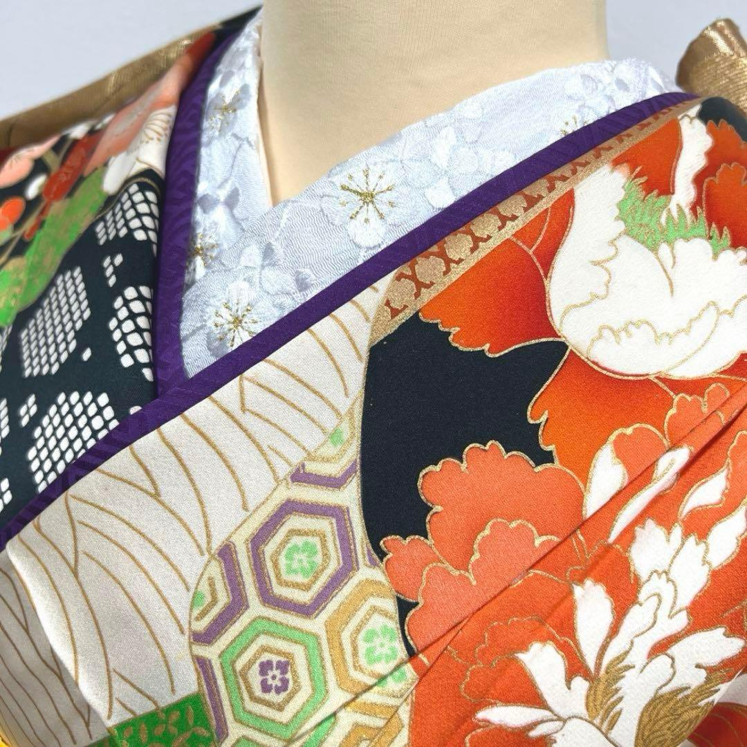 は*ま様 268 振袖フルセット 正絹 流水草花屏風文 オレンジ 緑 黒金彩 駒