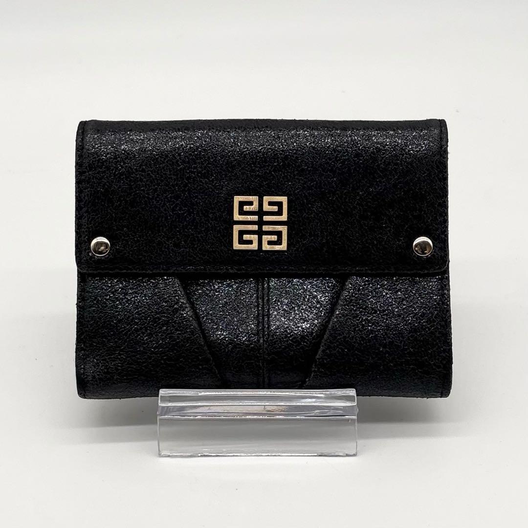 【美品】 GIVENCHY レザー 2つ折り財布 がま口 ロゴ金具 ブラック
