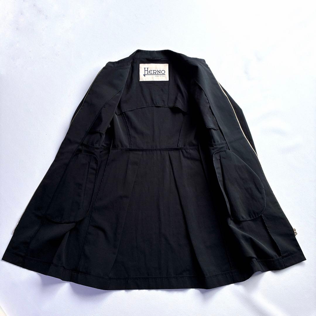 美品 HERNO ヘルノ ノーカラーコート スプリングコート 40 ブラック 黒