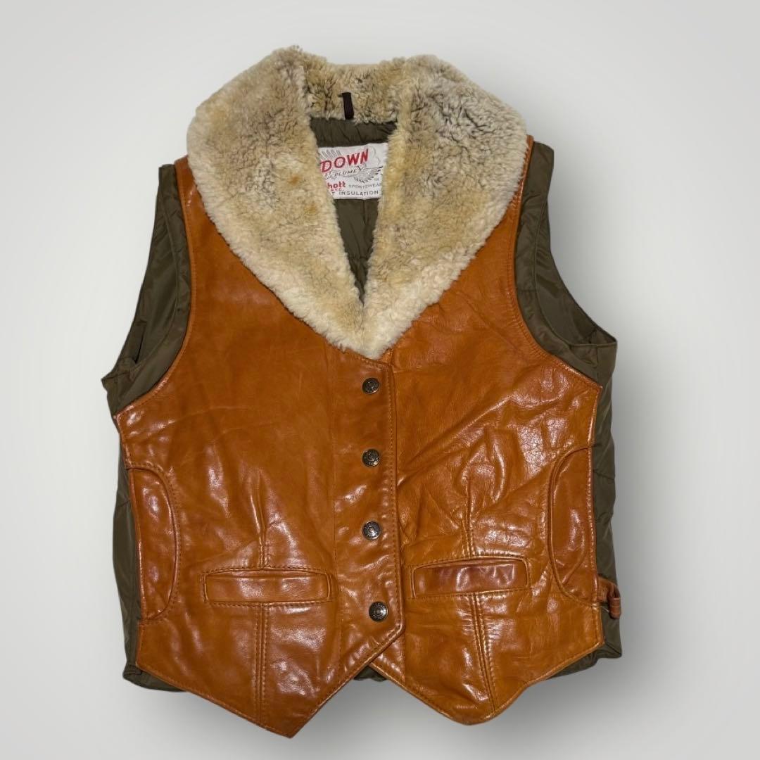 Schott レザー×ムートン ダウンベスト 70年代 80年代 ビンテージ