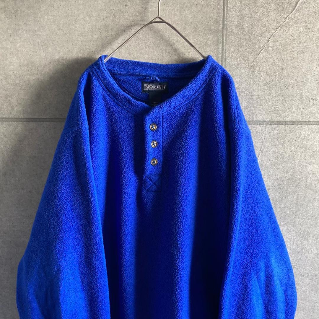 90s USA製 LANDS'END ヘンリーネック フリース 青 W151