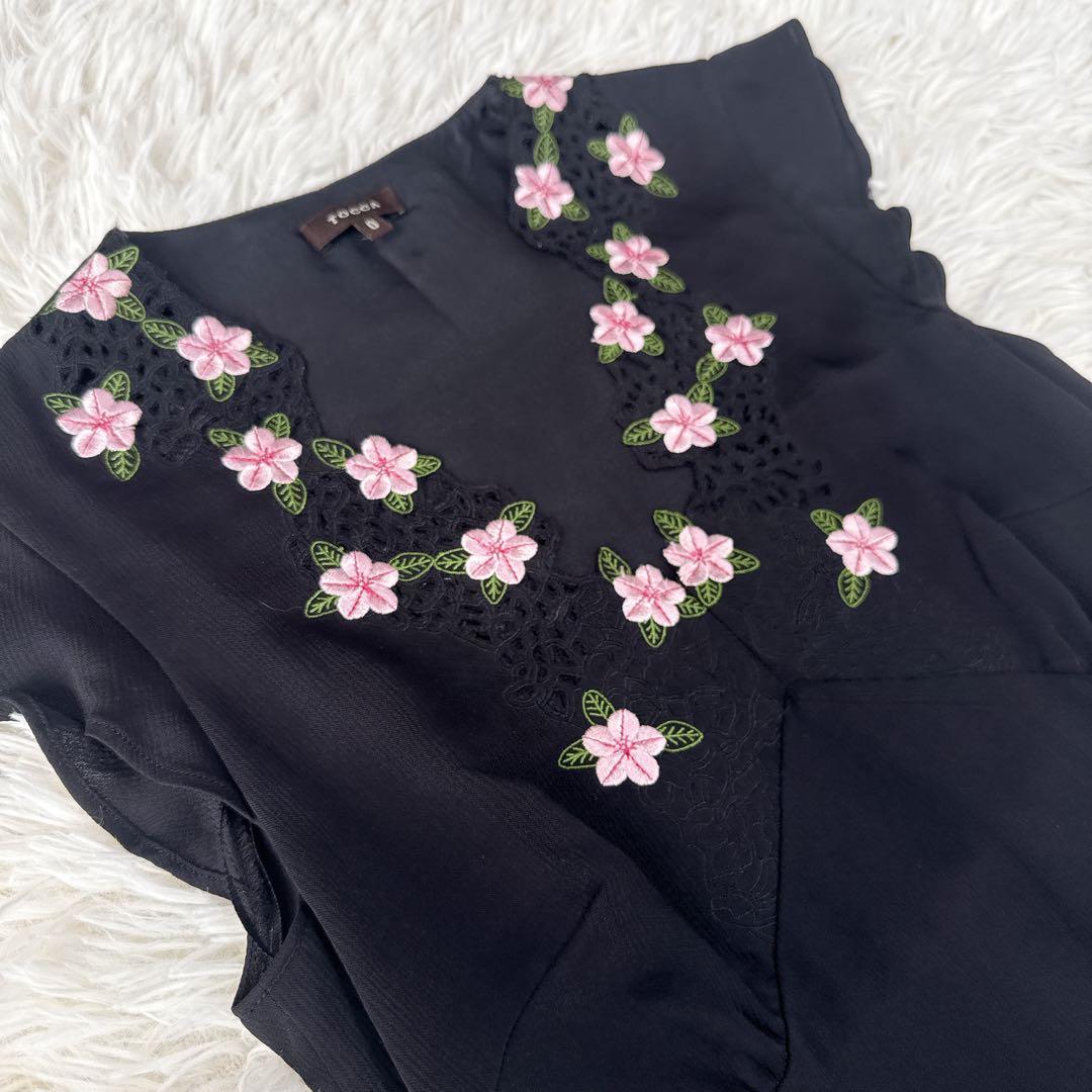 美品 トッカ シルク100% ワンピース 花柄刺繍 カットワーク ブラック 0