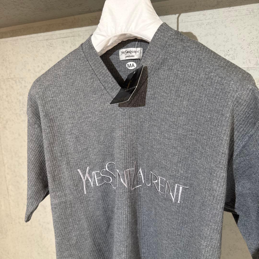 【新品】Yves Saint Laurent ビッグロゴグレー 半袖ニットM