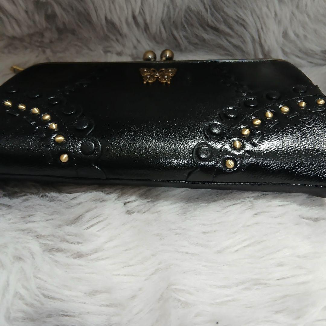 【美品】ANNA SUI　マチルダ口金二つ折り財布がま口蝶ブラックレザー