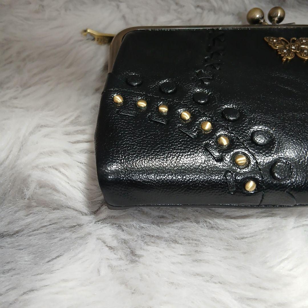 【美品】ANNA SUI　マチルダ口金二つ折り財布がま口蝶ブラックレザー