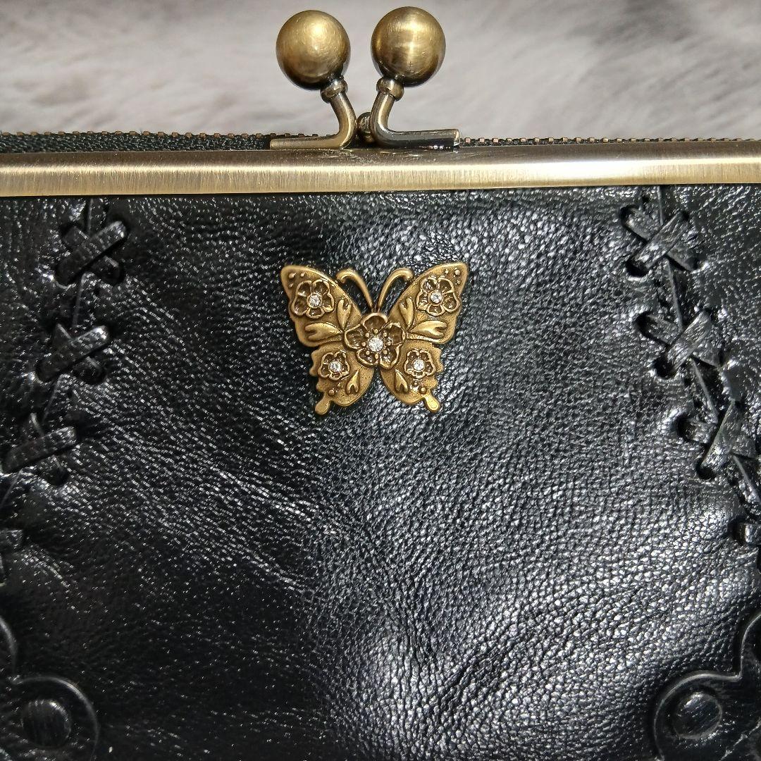 【美品】ANNA SUI　マチルダ口金二つ折り財布がま口蝶ブラックレザー