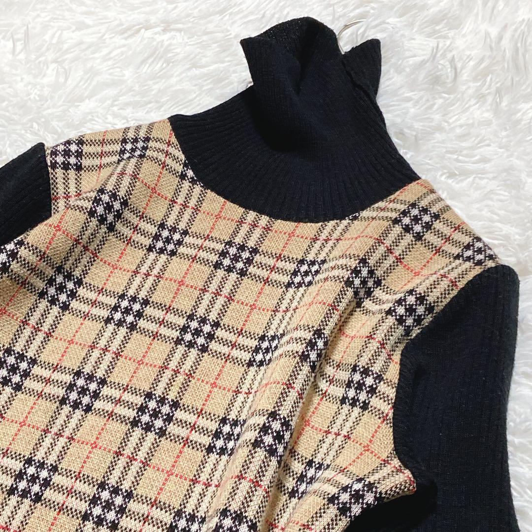 美品⭐️バーバリーズ　ハイネック　ニットワンピース リブ網　ノバチェック　M