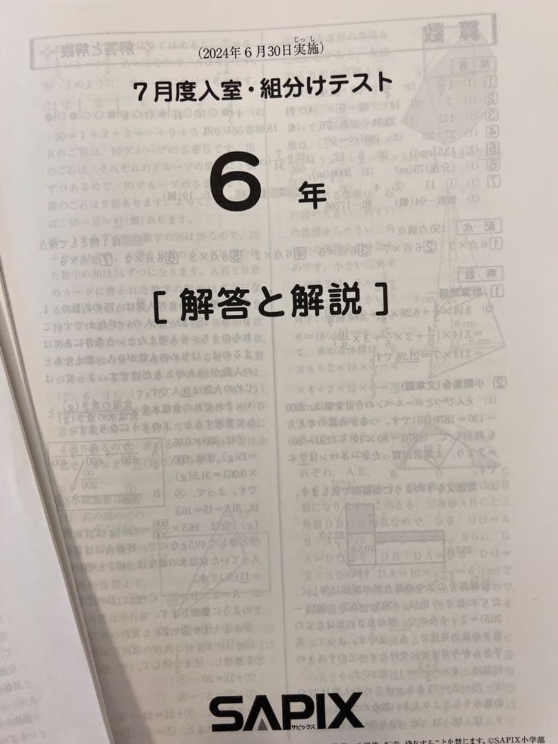 2024年SAPIX 6年生 テスト解答と解説集(全部12回分)