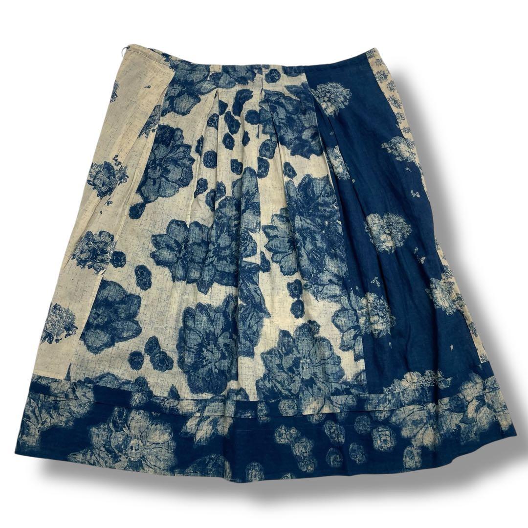 【美品】45R 45rpm 藍染 フラワー 花柄 パッチワーク ロング スカート