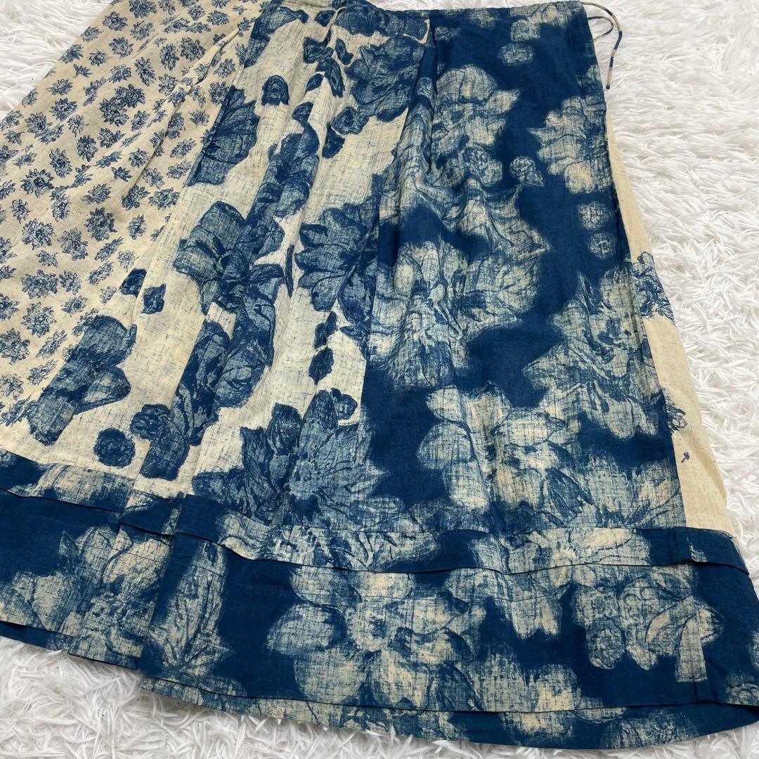【美品】45R 45rpm 藍染 フラワー 花柄 パッチワーク ロング スカート