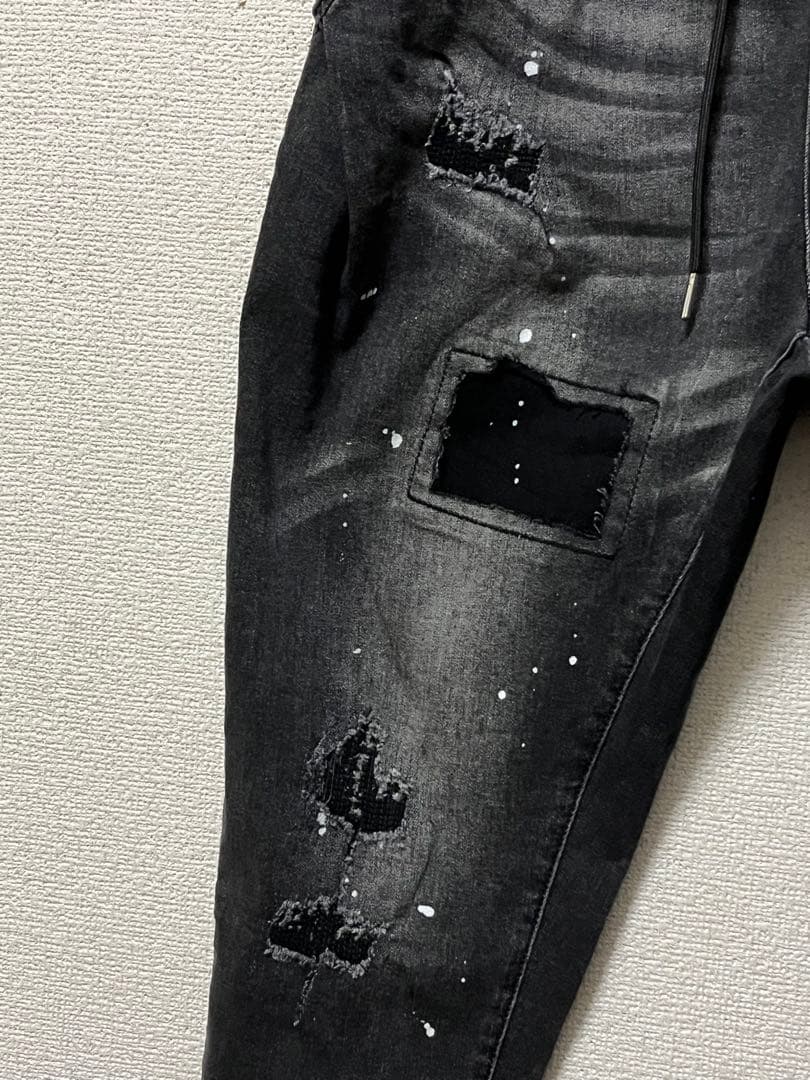 カンビオ　サルエルジョッパーズイージーデニム　/S　ブラック　ストレッチ　リペア