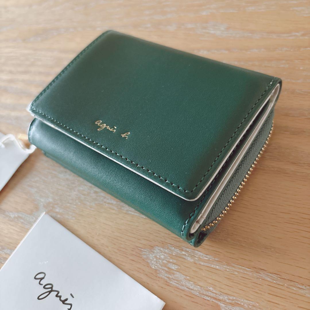 アニエスベー ミニ財布 折財布 本革 グリーン ミニウォレット 緑 新品
