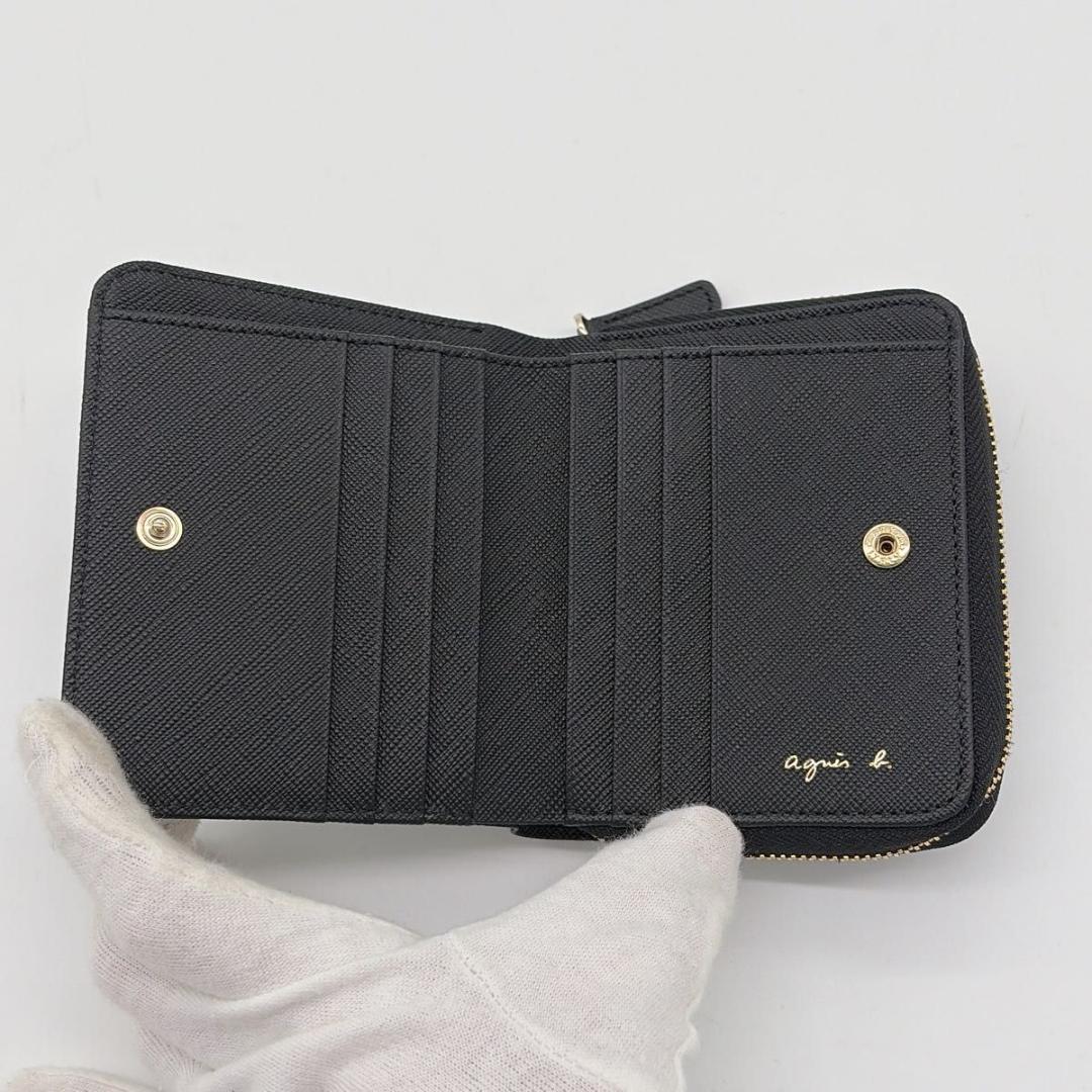 新品同様 アニエスベー ラウンドファスナー 二つ折り財布 ゴールドロゴ ブラック