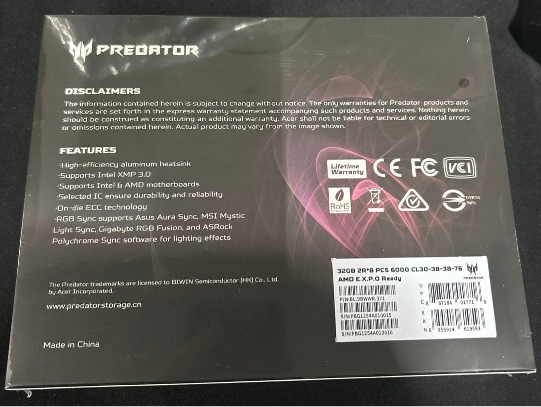 三*月様 Acer Predator Vesta Ⅱ DDR5 64GB(32G