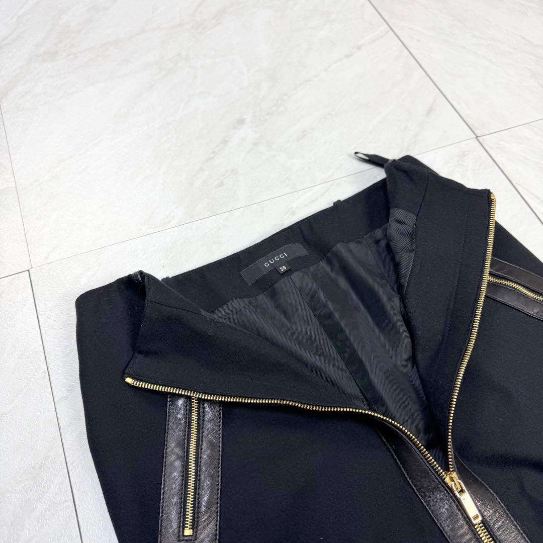 GUCCI トムフォード期 レザー ジップ ロングスカート 黒 カシミヤ 38