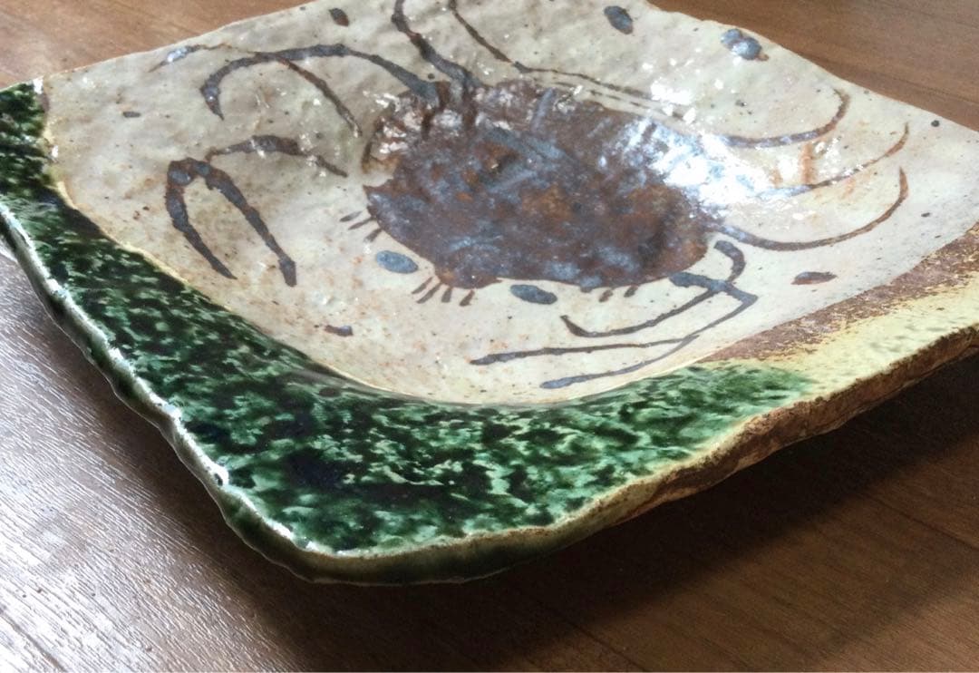 【michi】織部焼　早蕨窯　佐藤和次作　蟹絵文　角皿