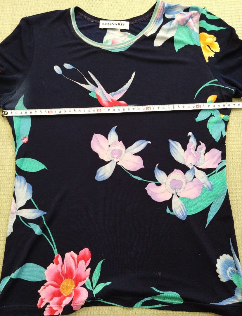 レオナール　シルク100％　LEONARD Tシャツ 半袖 花柄　サイズ42　紺