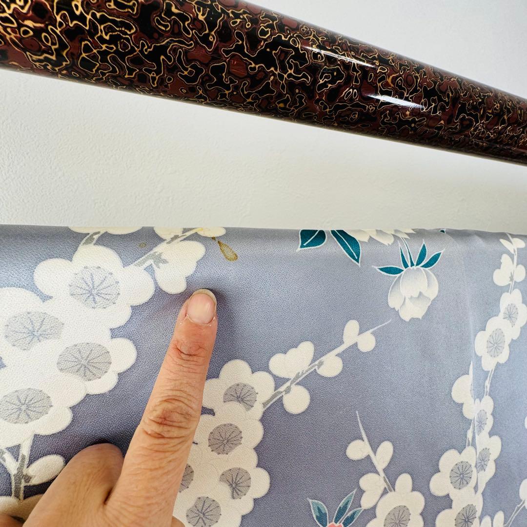 美品　現代　振袖　成人式　着物　正絹　163裄68 シルバー　水色　ピンク　花柄