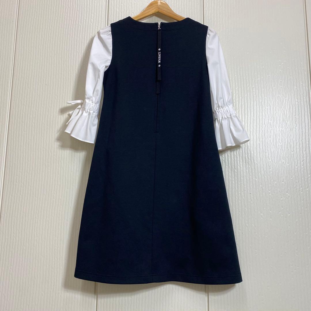 M'SGRACY 異素材切り替え パフスリーワンピース リボン ストレッチ