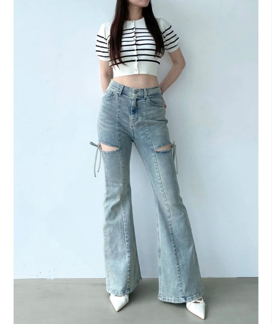 美品 RESEXXY カットアウトリボンデニムパンツ ライトブルー Sサイズ
