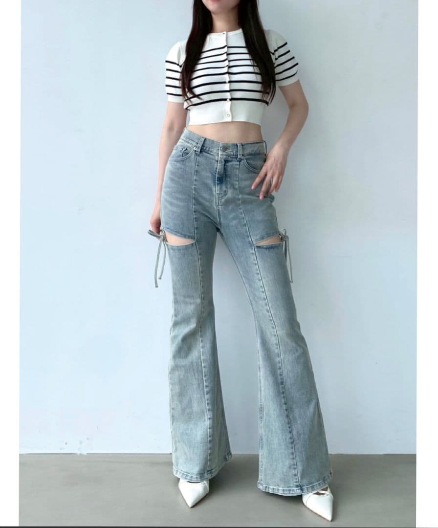 美品 RESEXXY カットアウトリボンデニムパンツ ライトブルー Sサイズ