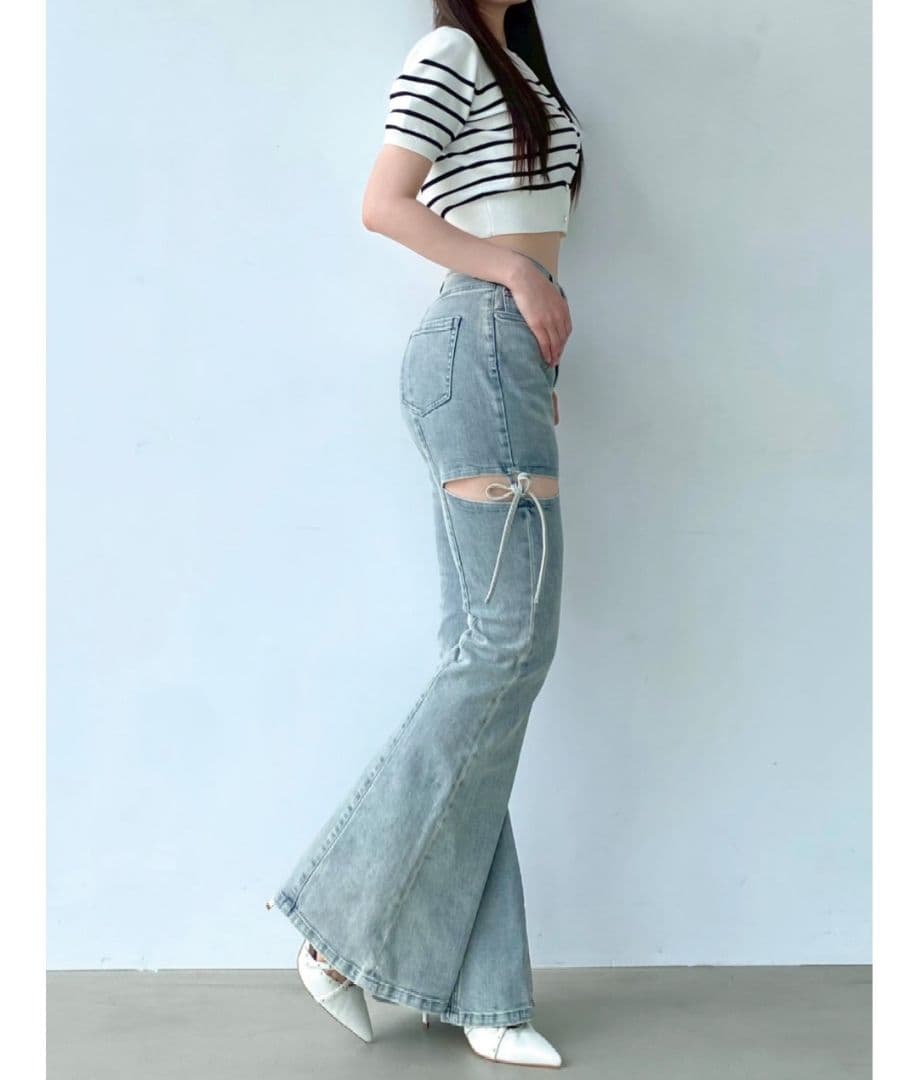 美品 RESEXXY カットアウトリボンデニムパンツ ライトブルー Sサイズ