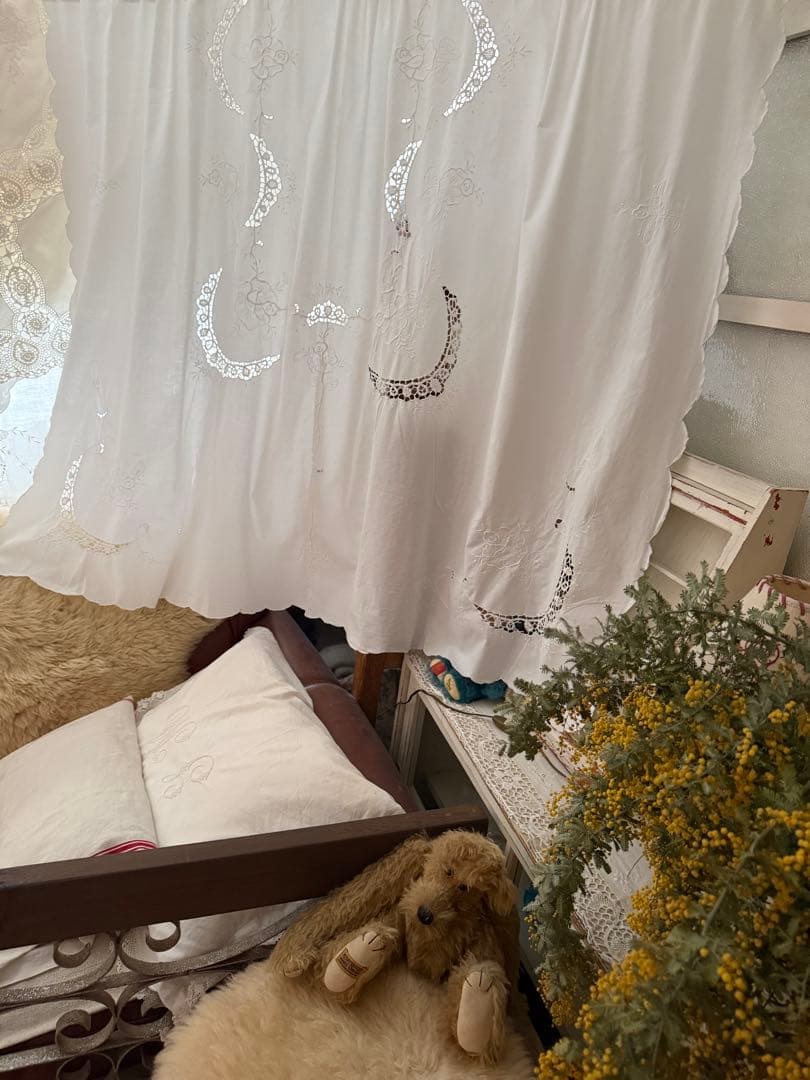 フランスアンティークஐ⋆*ホワイト花柄刺繍の大人可愛いカーテンA