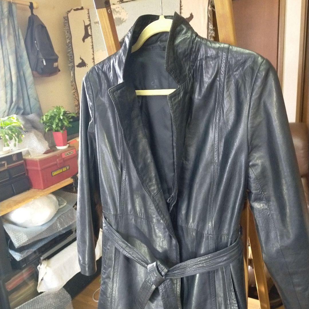 ブラック#軽量高級牛革#レディース#ロングコート#保護艶出し仕上げ済み