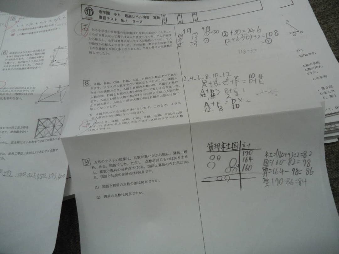 希学園　5年　算数　 最高レベル演習　復習テ/灘中選抜特訓　2018年度