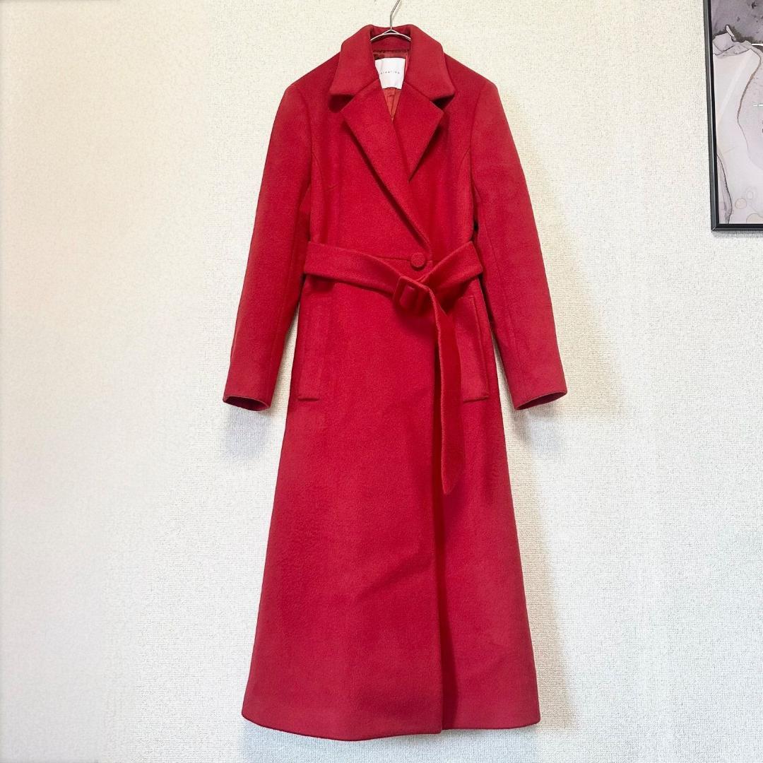 【美品】エストネーション ウールベルテッドロングコート レッド 38